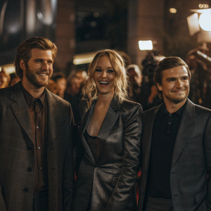 Liam Hemsworth, Jennifer Lawrence, and Josh Hutcherson on a Hollywood red carpet. Wearing glamorous attire, they pose in front of the bustling crowd.