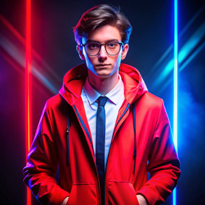 Student in a red coat on a black background, eSports, neon
