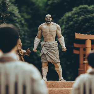 Illustration of a fierce, muscular character, resembling a mix of socrates from Naruto, with a dynamic stance and a resolute expression. The figure is adorned in traditional bandages and cloth wrap. The backdrop is a lush, vibrant green landscape.