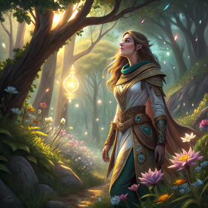 Anka from Vainglory, digital art. Standing in a forest glade, glowing aura, nature elements surrounding her