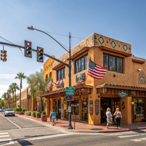 Gilbert Ortega Gallery, a vibrant Native American art and jewelry store, stands out in the bustling streets of Scottsdale, Arizona. The store's facade is adorned with warm, earthy tones and traditional American decorations, merging contemporary architecture with rustic charm. People stroll past under the clear, sunny sky, while classic street lamps and traffic lights add to the urban scene.