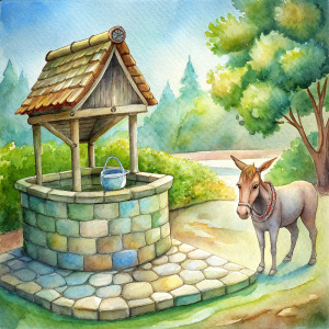 "Draw me an old beautiful well. It's large. Beside the well, there is a donkey."