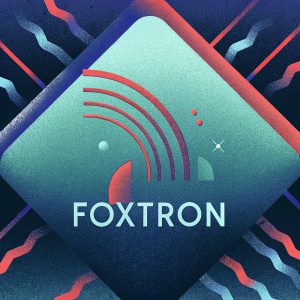 Modern logo design for 'FOXTRON'. Pixel art style with red, green, and pink hues. Dynamic lines and shapes against a dark background. Brand name in bold sans-serif font.