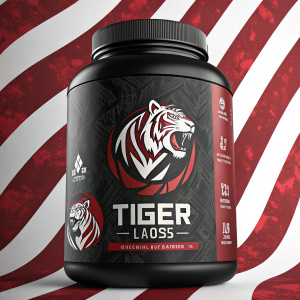 Digital inspired design for Tiger Labs protein powder. Dark packaging with stylized tiger logo. Bold and modern look against a contrasting red and white zebra-striped background.