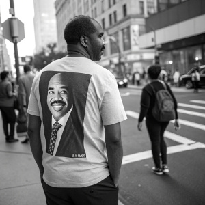 Steve Harvey's image on a black and white graphic t-shirt. On a busy street corner, people passing by