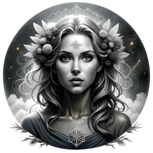 Saga, The Seer - Nordic Goddess of Sagas & Myths perfect realistic art, high-definition grey and black, white background tattoo design