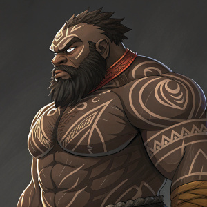 Illustration of Gragas from League of Legends. Strong build, muscular. Dark brown skin with detailed patterns and muscles. Fierce look. Dark, neutral background