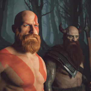 Digital artwork showcasing Kratos from God of War. Bearded, muscular, intense gaze. Red symbol on chest. Companion, older version of Kratos, with horns and long beard, stands beside. Dark, ominous forest backdrop with gnarled tree roots.