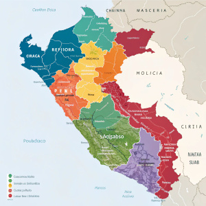Multicolored political map highlighting different regions of Peru.
