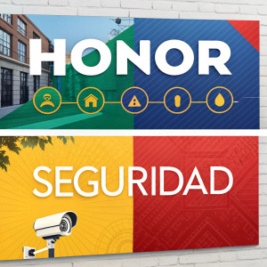 Brand identity designs for HONOR Seguridad. Colorful versions, varied backgrounds, Spanish text