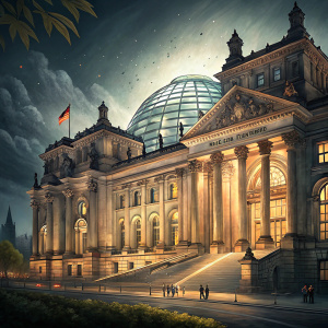 Reichstag building at night, Berlin. Glass dome and columns illuminated. Neoclassical architecture, intricate details, bygone era tales