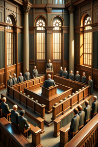 court room session with people in 20th century