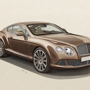 Digital art of a Bentley Continental GT. Mocha brown exterior, light beige interior. Smooth, sleek design. Neutral background