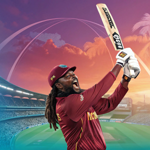 Digital poster featuring Chris Gayle, iconic cricketer. Striking pose with cricket bat. Vibrant background showcasing sports stadiums and cricket scenes.