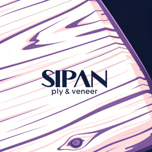 Close-up of Sipan Ply & Veneer logo. Distinctive wooden background with modern lines and warm texture. Brand name in stylish font, with description of products.