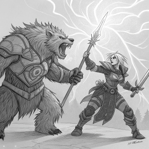 Fan art sketch of Infernal Volibear and Riven from League of Legends, detailed lines and shading