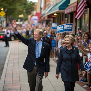 Hillary Clinton and Bill Nelson walking down a crowded street during a campaign event, waving at supporters.
