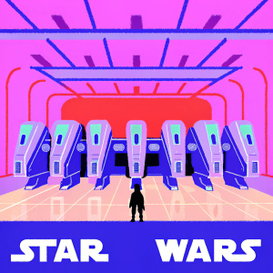 A vast, futuristic spacecraft hangar bathed in warm, orange lighting. Venator-class Star Destroyer modules lining the walls. Star Wars logo at the bottom of the image.