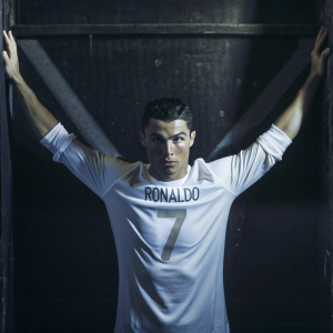 Close-up portrait of Cristiano Ronaldo. Poses with intense look, white jersey with number 7 and name 'RONALDO'. Against stark black backdrop.