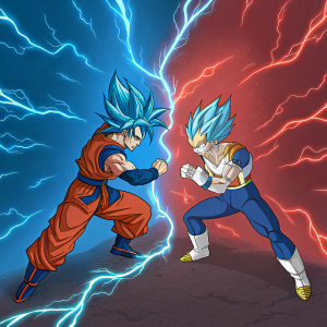 Digital art of Goku and Vegeta in intense fighting stance. Electric blue and red energy waves surround them.