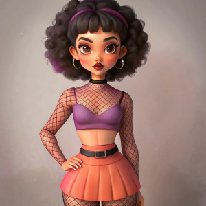 a cute delicate femboy .a super beautiful Girly face. black curly short hair. fit flat chest without bust. girly hips. girly legs. narrow waist and big hips. gothic mesh pink crop top. short tight purple mini skirt. purple platform boots. pink Egirl makeup. purple eyeshadow. red lipstick. 