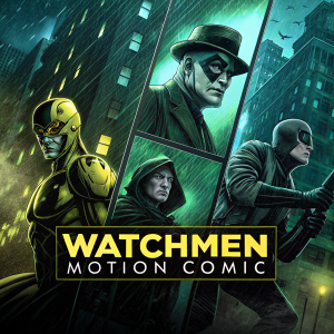 Promotional poster for Watchmen Motion Comic DVD. Featuring a collage of characters in a noir-themed comic book style. Dark green and black color scheme. Multiple panels and text block explaining the story.