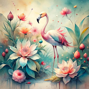 Vintage Old, Watercolor Soft Colors, Tropical Flowers and Plants Tow Beautiful Flamingos