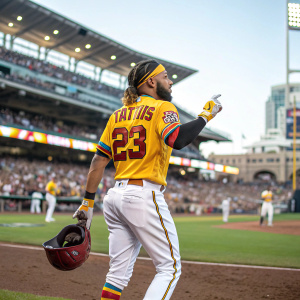 Fernando Tatis Jr., donning a vibrant baseball uniform with his number and name displayed. He grips a helmet in one hand and sports a headband with a neat beard. Action shot at a bustling baseball stadium.