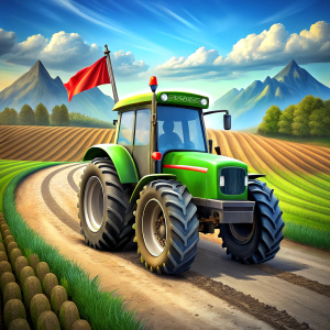 agricultural tractor with flag on asphalt