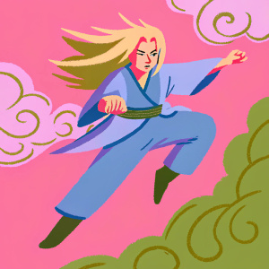 A detailed black and white illustration of Tsunade Senju from Naruto. She's depicted mid-leap with flowing hair. Abstract clouds form the background.