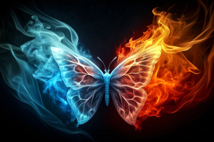 Frozen Flames interpretation of a butterfly where the contradictory elements of ice and fire merge in contrasting colors of ice blue and fiery red