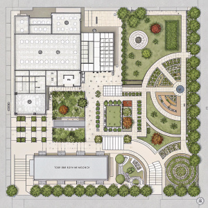Archoron Project detailed schematic. Blueprint-style design highlighting pathways, buildings, and landscaping. Grayscale color scheme for precision and clarity