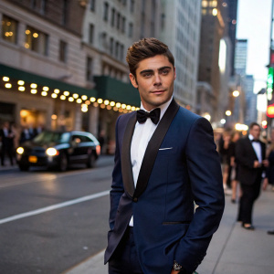 Zac Efron, wearing a formal navy suit with a white dress shirt and black bow tie, posing confidently on a bustling New York City street during a film festival.