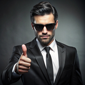 a brutal, serious man,  2/3  body, in a black classic suit and black sunglasses holds a thumbs up