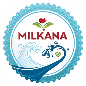 A logo design for Milkana. Vibrant and playful, with a blue wavy border surrounding a white circle background. Bold red 'MILKANA' text above, small heart graphic in green below, conveying approachability and freshness.