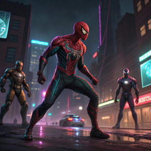 Digital art of Hammerhead from Marvel's Spider-Man. Multiple action poses. Cyberpunk style. Vibrant colors. Rendered for PS4