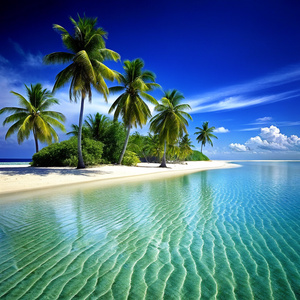 A serene beach scene with palm trees and crystal-clear water.
