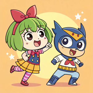 Digital artwork featuring Popuko and Pipimi from Pop Team Epic. Popuko has a vibrant green bob cut, wearing a mix of pastel and bright colors, striking a playful pose. Pipimi, resembling Batman, wears a mask-like design. Bold, cartoonish style with a playful tone.