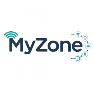 The MyZone logo, featuring sleek, modern text and tiny, dynamic icons that suggest tech and digital themes.