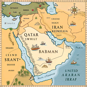 An ancient map reveals the Persian Gulf region, showcasing Kuwait, Qatar, Bahrain, Iran, and the United Arab Emirates. The map, a vibrant tapestry, holds the secrets of the Arabian Peninsula.