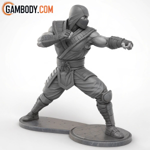 Highly detailed 3D model of Mortal Kombat character, male figure in combat stance. Gray color, perfect for print. Digital art featuring Gambody.com branding.