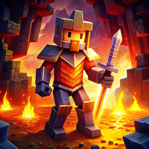 A minecraft player wearing netherite armor and holding a sword, nether themed