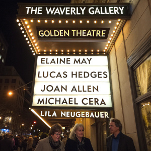 The opening night of 'The Waverly Gallery' at Golden Theatre. Golden letters of actors Elaine May, Lucas Hedges, Joan Allen, Michael Cera, and director Lila Neugebauer glow against a blurred background of additional lighting elements.