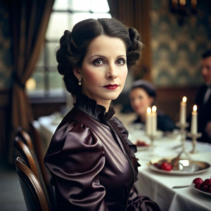 40 yo brunette in strict Victorian satin dress, dark red lipstick, side view at dinner table in Carlton Towers