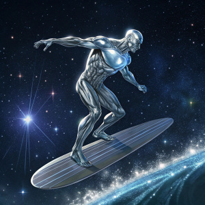 Digital artwork featuring Silver Surfer from Marvel Comics. Space background, dynamic pose