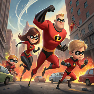 The Incredibles family in action poses. Superhero costumes, vivid colors, digital art style.