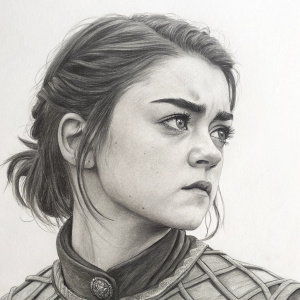A close-up charcoal drawing of Arya Stark from Game of Thrones, detailed facial features, grayscale.