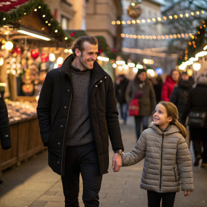 Gareth Bale with his daughter Alba Violet, strolling through a crowded marketplace. The festive atmosphere is filled with holiday lights and decorations.
