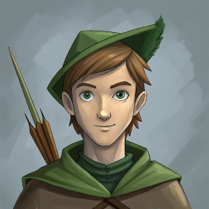 25 year old hunter with beard similar to Robin Hood using Anna Lang's illustration style