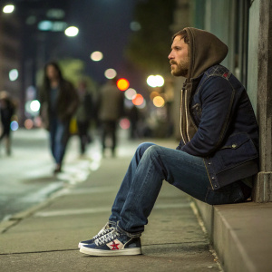 Tom Hardy in a casual, off-duty moment. Jeans, hoodie, sneakers. Urban street background